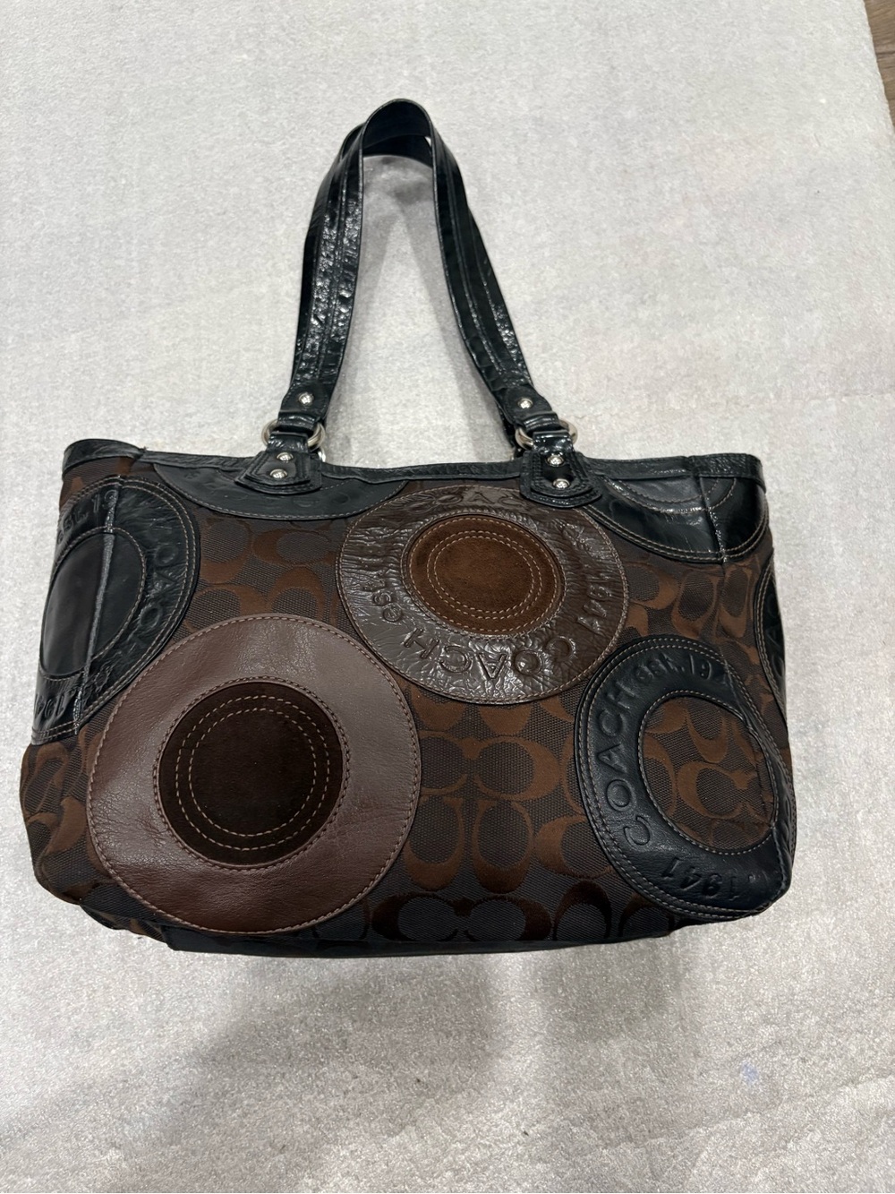 Coach Brown Black Signature Circle Patchwork Shoulder Tote Y2K